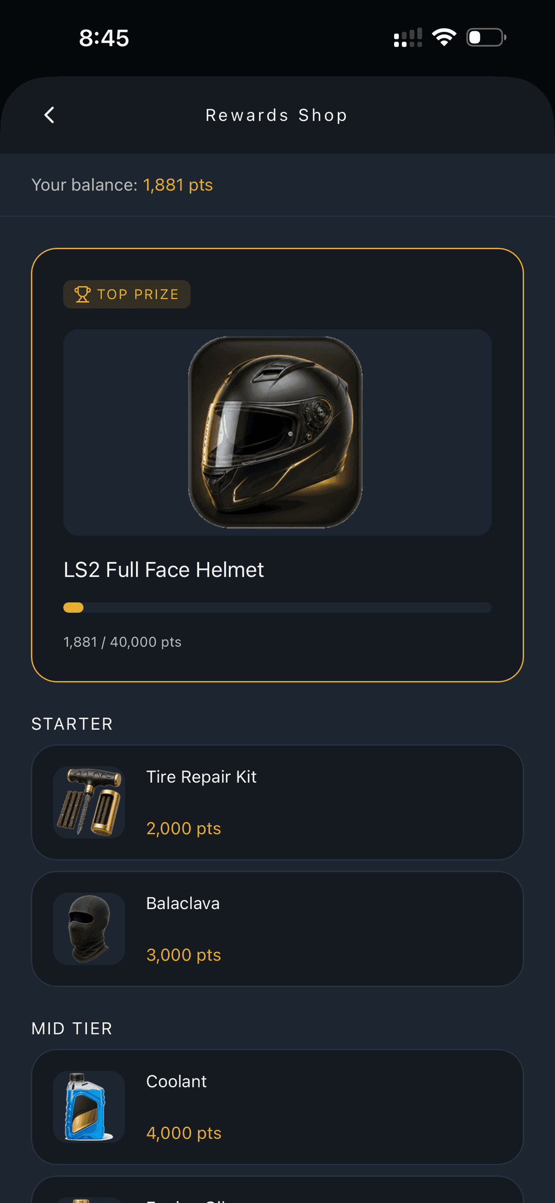 The Waypoint rewards shop, listing gear that can be redeemed with points earned from riding.